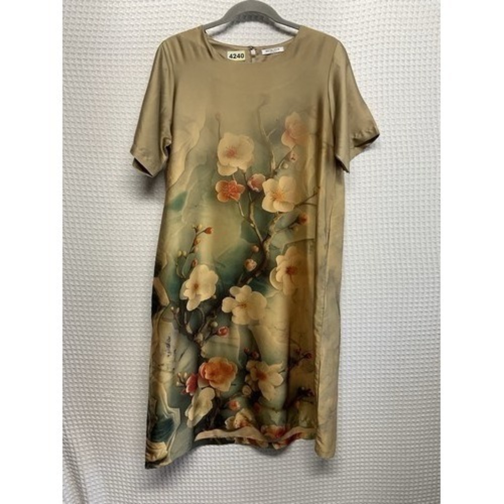 Metalicus Beige Asian Inspired Sateen Art Floral Midi‎ Shift Dress Women L China